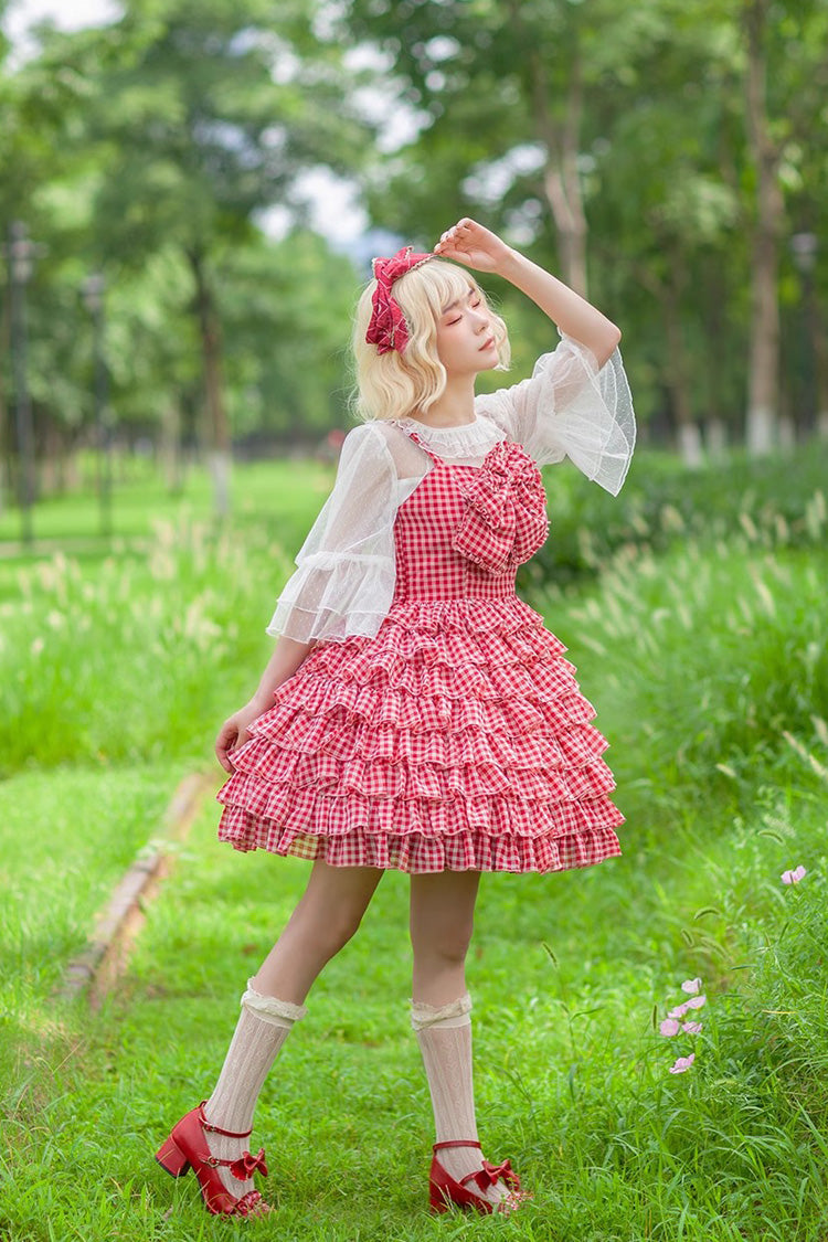 Plaid Print Ruffled Bow Sweet Tiered Dress - 3 Variants