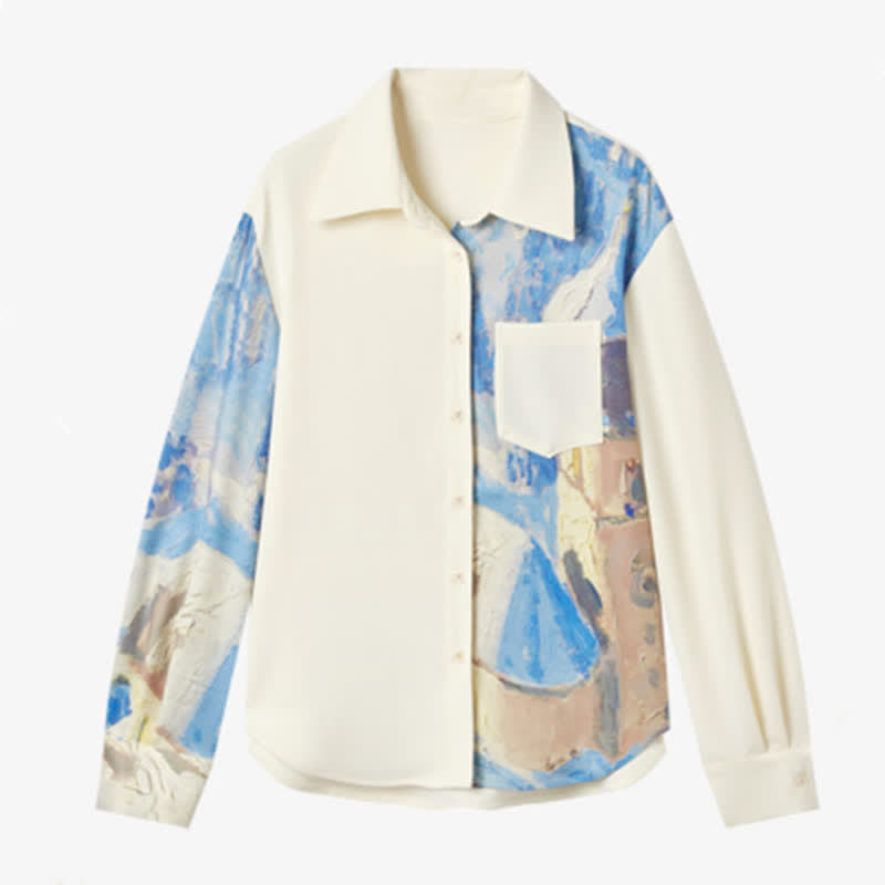 Irregular Printing Chiffon Pocket Lapel Shirt