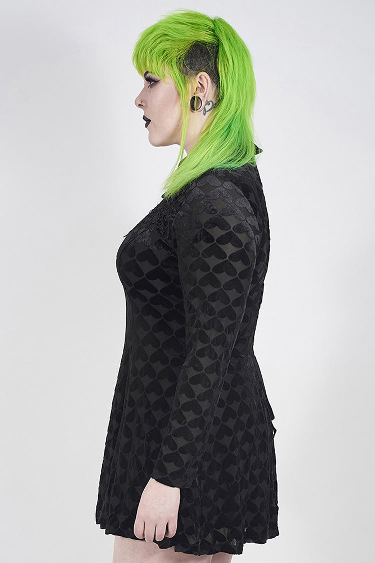 Plus Size Gothic Dress for Women in Black with Hollow-Out Decals, Long Sleeves & Velvet Print