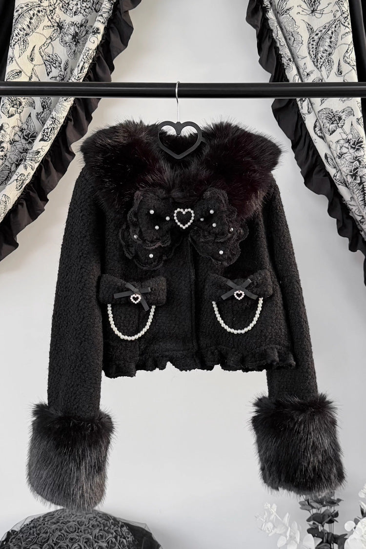 Long Sleeves Bow Sheep Wool Gothic Jirai Kei Short Coat