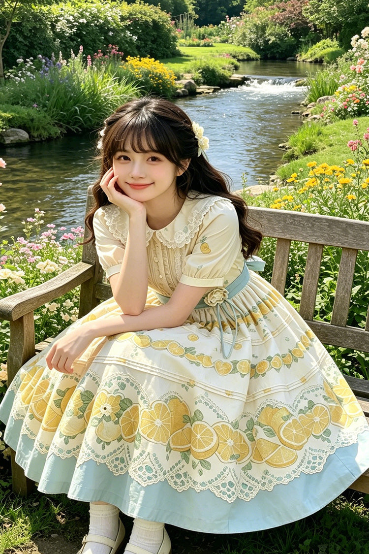 Yellow Doll Collar Short Sleeves Lemon Printed Plus Size Sweet Lolita Dress