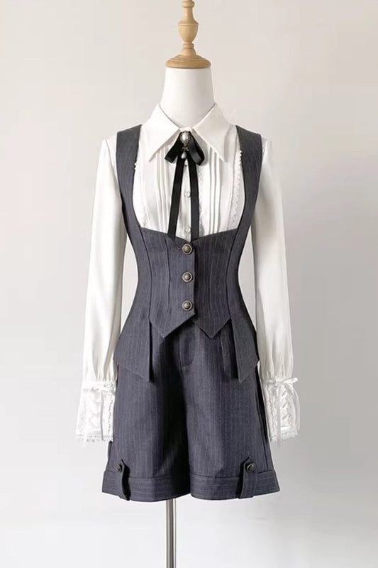 Ash Striped Ouji Shorts-Vest Set with Bust Support