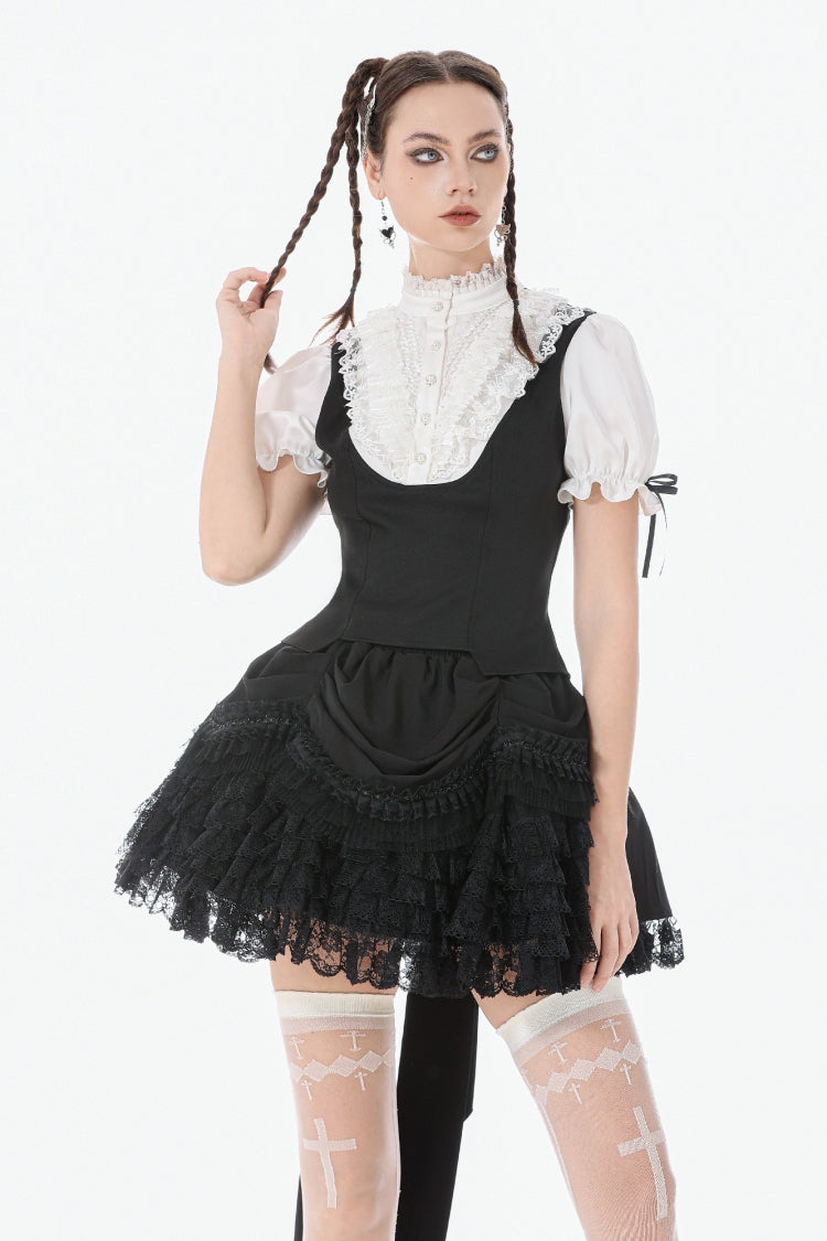 Monochrome Gothic Royal Blouse with Lace Ruffles and Stand Collar