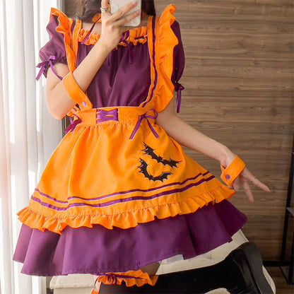 Cute Bat Embroidery Lace Up Ruffled Maid Dress