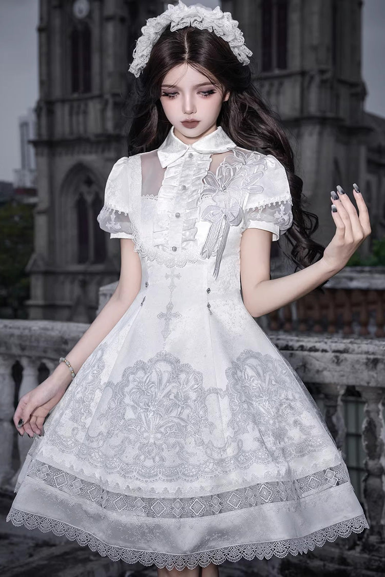 Ivory Classic Gothic Lolita Dress with Ruffled Lace and Short Sleeves