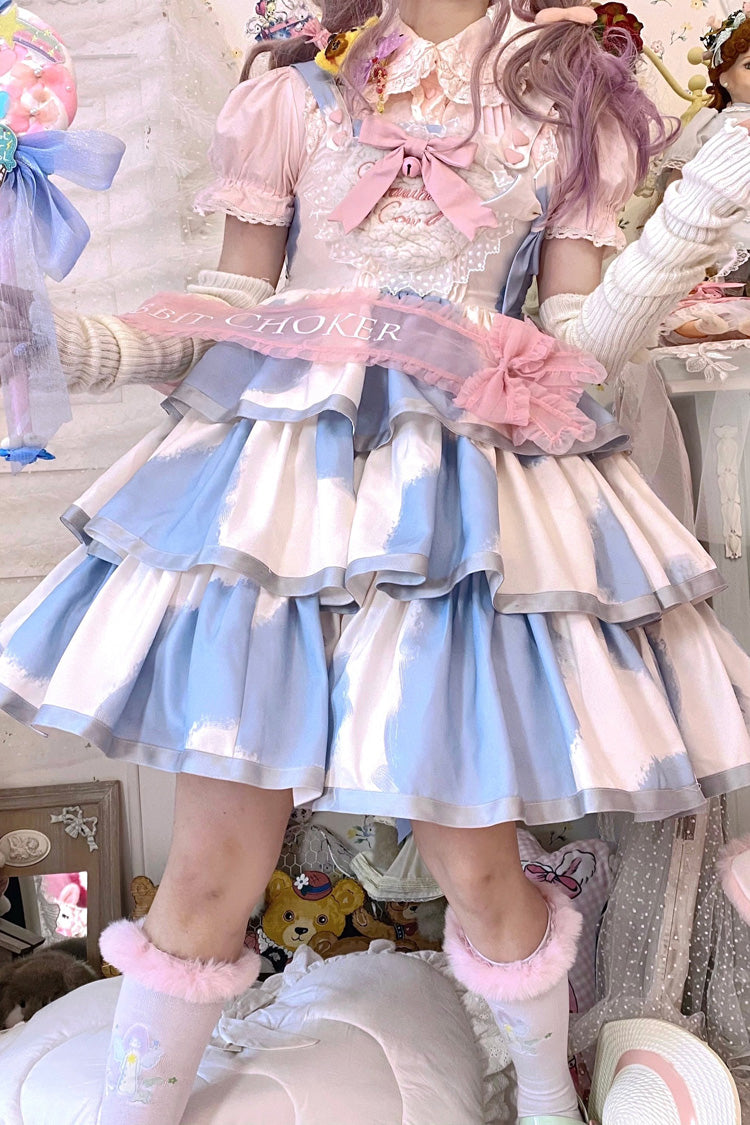 Blue Sleeveless Triple Layer Cow Print Ruffle Bow Sweet Jsk
