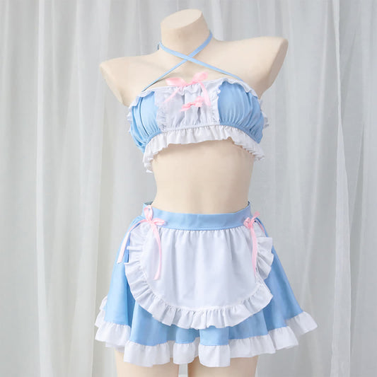 Sweet Blue Lace Up Ruffled Maid Skirt Lingerie Stockings Set