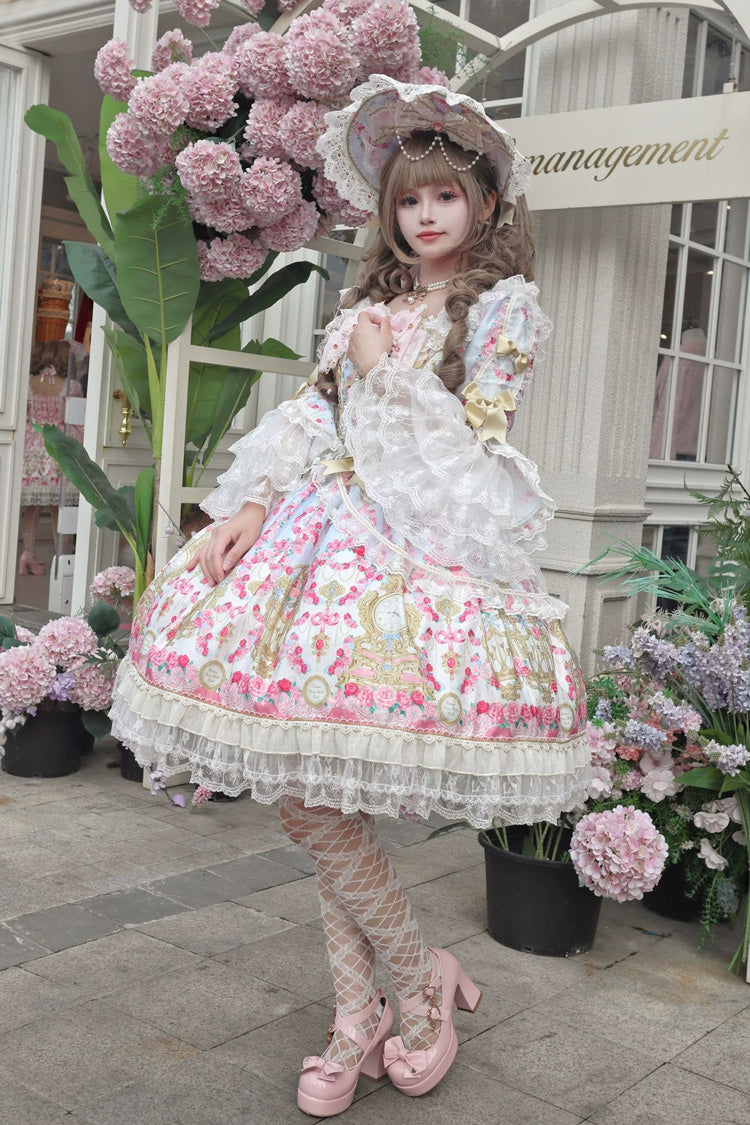 Blue/Pink [Rose Garden Prelude] Square Collar Long Trumpet Sleeves Printed Ruffled Bow Lace Lace-Up Sweet Lolita Dress