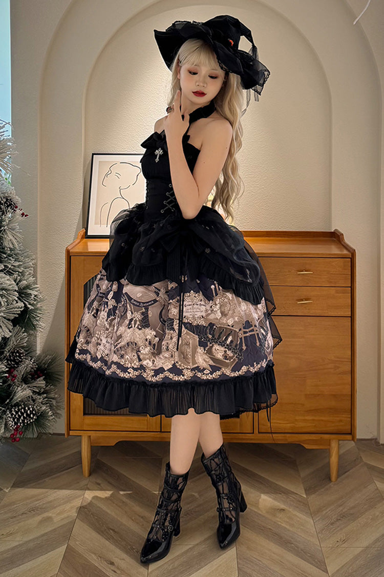 Black Halterneck Print Bowknot Drawstring Gothic Lolita Dress