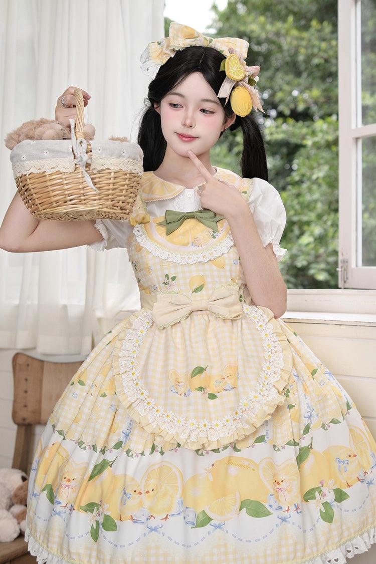 Sunshine Printed Ruffle Bow Lace Sweet Jumper Dress - Lemon Chicken