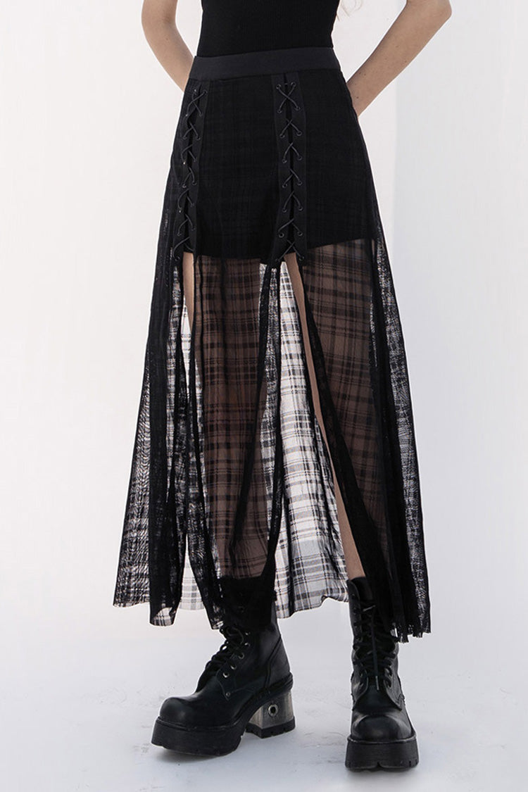 Punk Skirt for Women in Black with Metal Eyelets, Lace-Up & Slit Mesh Hem