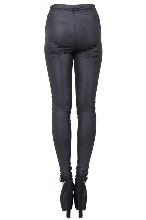 Women's Gothic Knit Pants in Black with Mesh Splice & Lace-Up Front