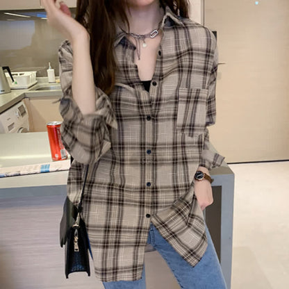 Plaid Print Pocket Lapel Loose Shirt