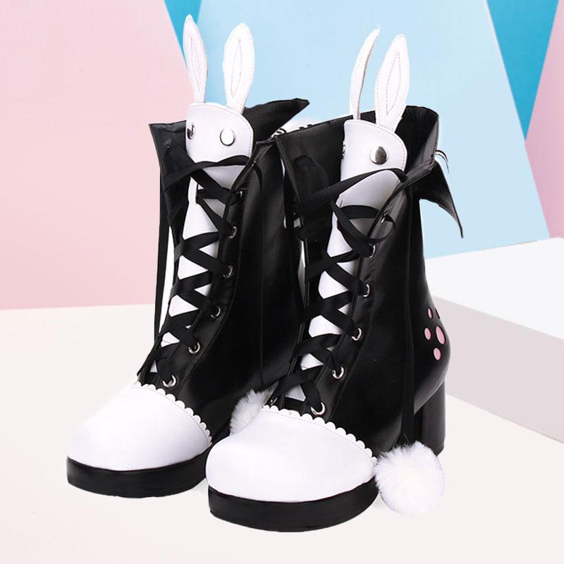 Black Bunny Ears Lace-up Fuzzy Ball Collar High Heel Boots