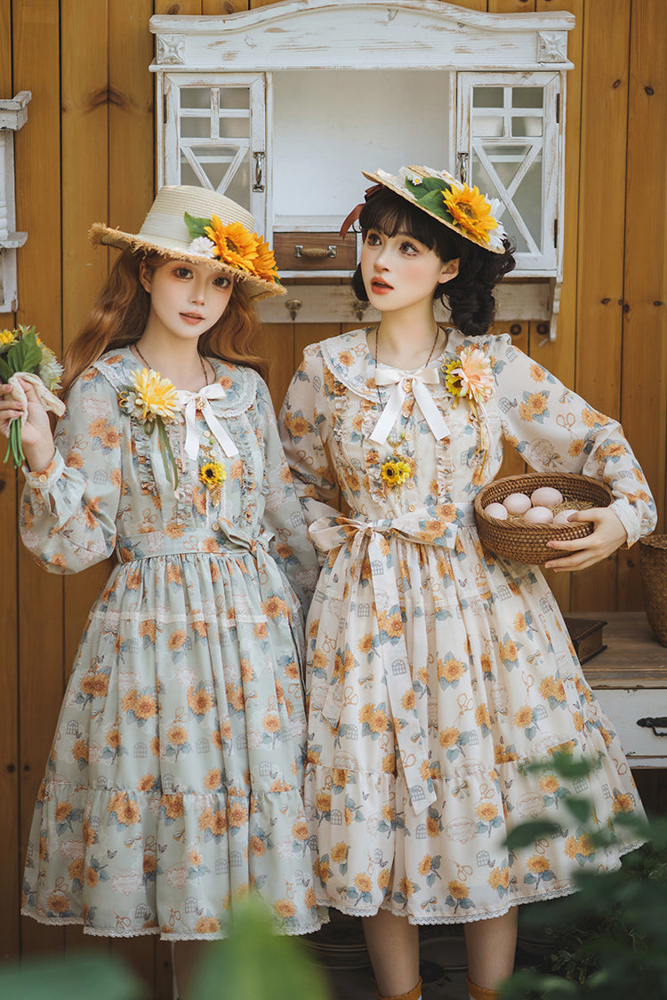 Apricot Sunflower Long Sleeve Floral Bow Elegant Lolita Dress