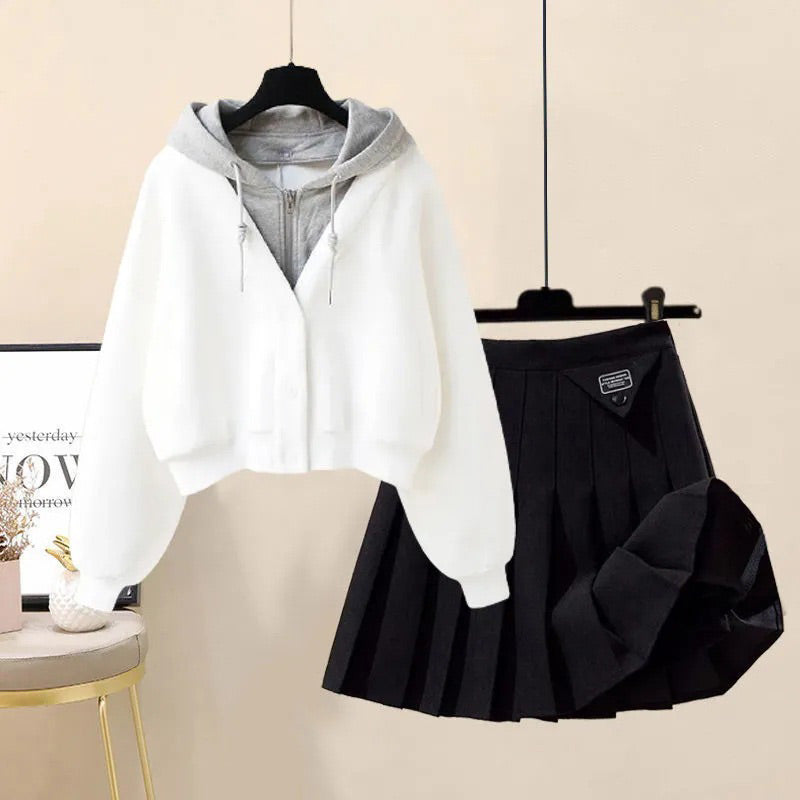 Colorblock Pocket Hoodie Pleated Skirt Set