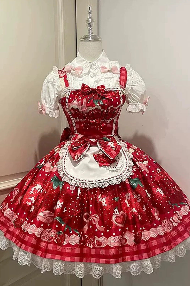 Dream to Strawberry Printed Ruffle Bow Lace Sweet Lolita JSK Dress in Four Shades