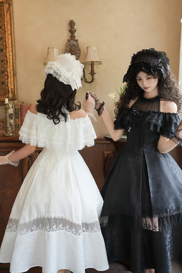 Snow Off Shoulder Halterneck Printed Ruffle Gothic Elegant Dress - Flowers in the Mist