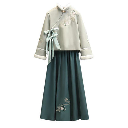 Green Floral Bow Knot Coat Pleated Skirt Vintage Set