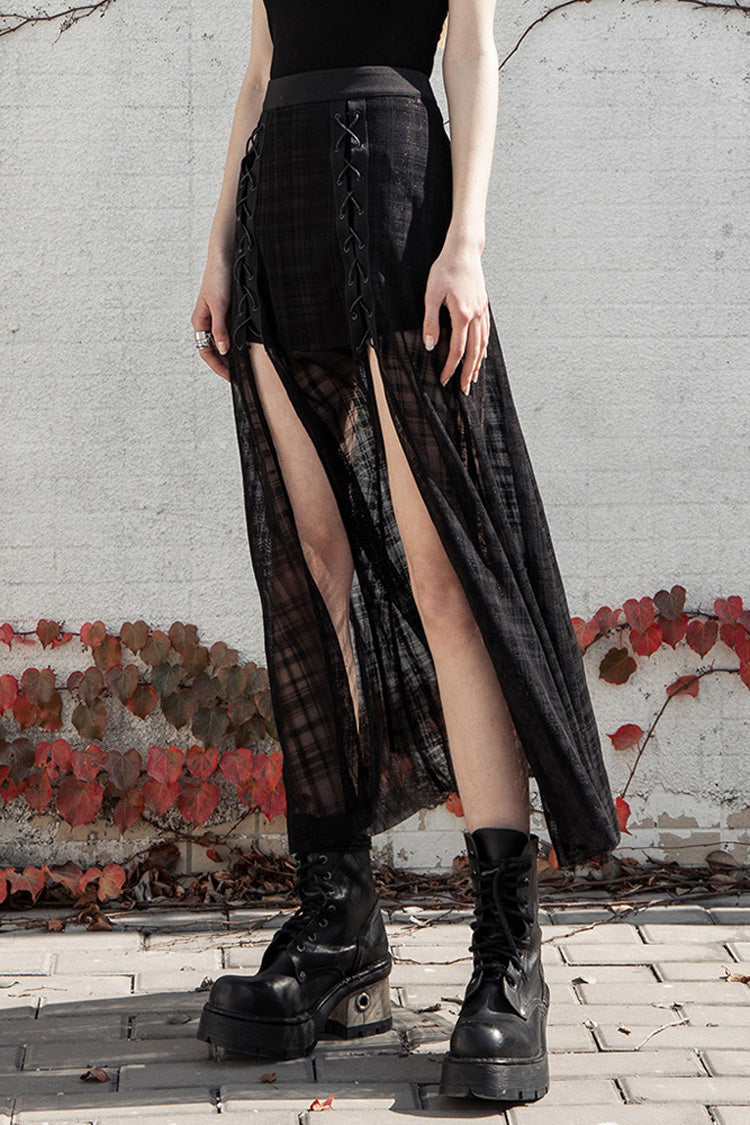Punk Skirt for Women in Black with Metal Eyelets, Lace-Up & Slit Mesh Hem