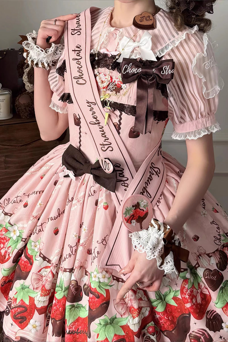 Sleeveless Printed Ruffled Embroidered Bow Lace Sweet Lolita Jsk Dress - Strawberry Chocolate Lover