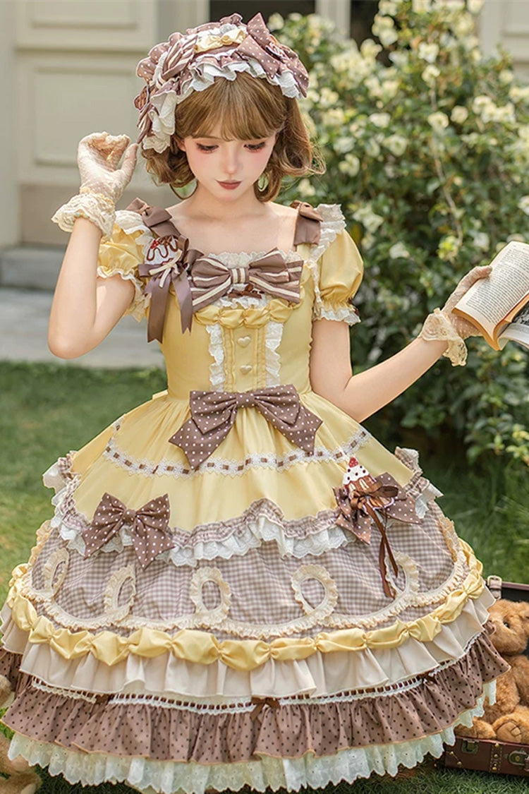 Yellow/Brown [Polka Dot Cake] Multi-Layered Printed Ruffled Bow Sweet Lolita OP Dress
