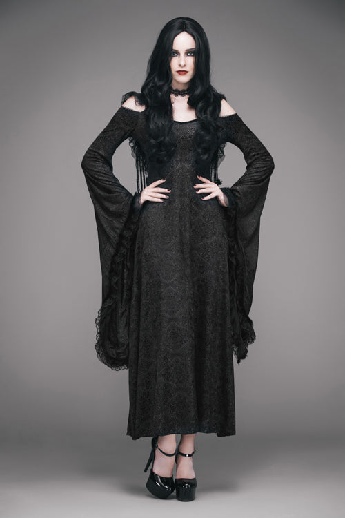 Gothic Oversized Cuffs Stretchy Floral Off-Shoulder Hooded Maxi Dress