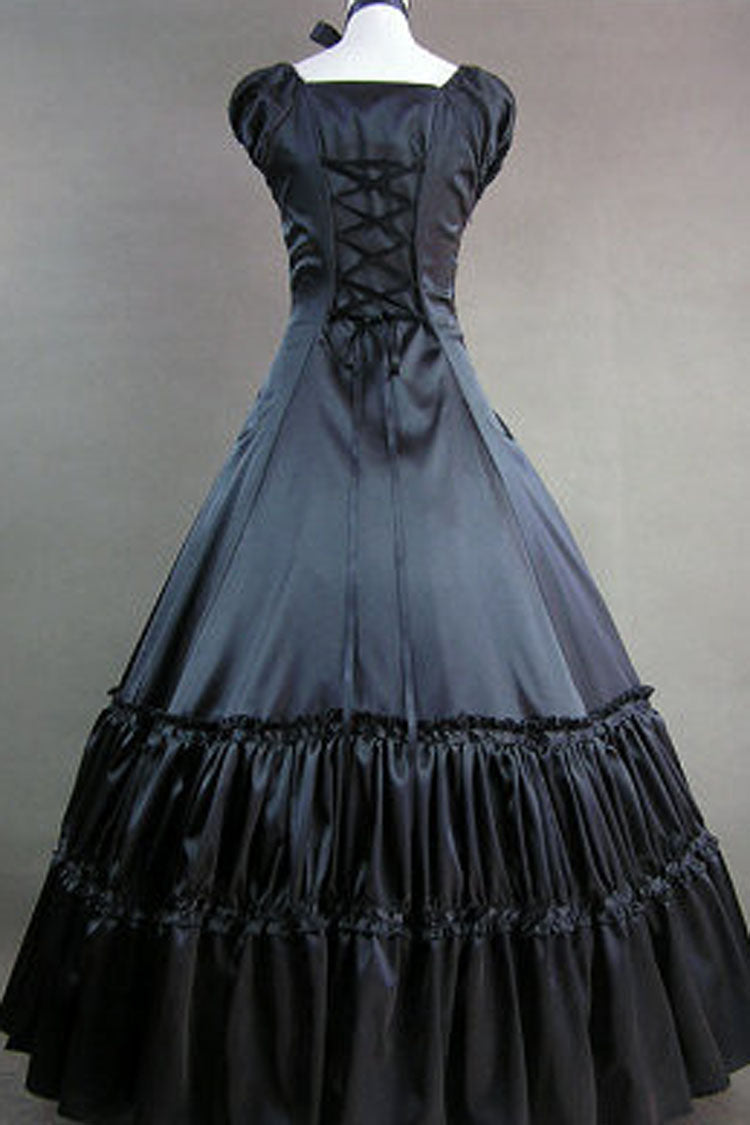 Black Cotton Square Collar Cap Sleeve Floor-Length Victorian Dress