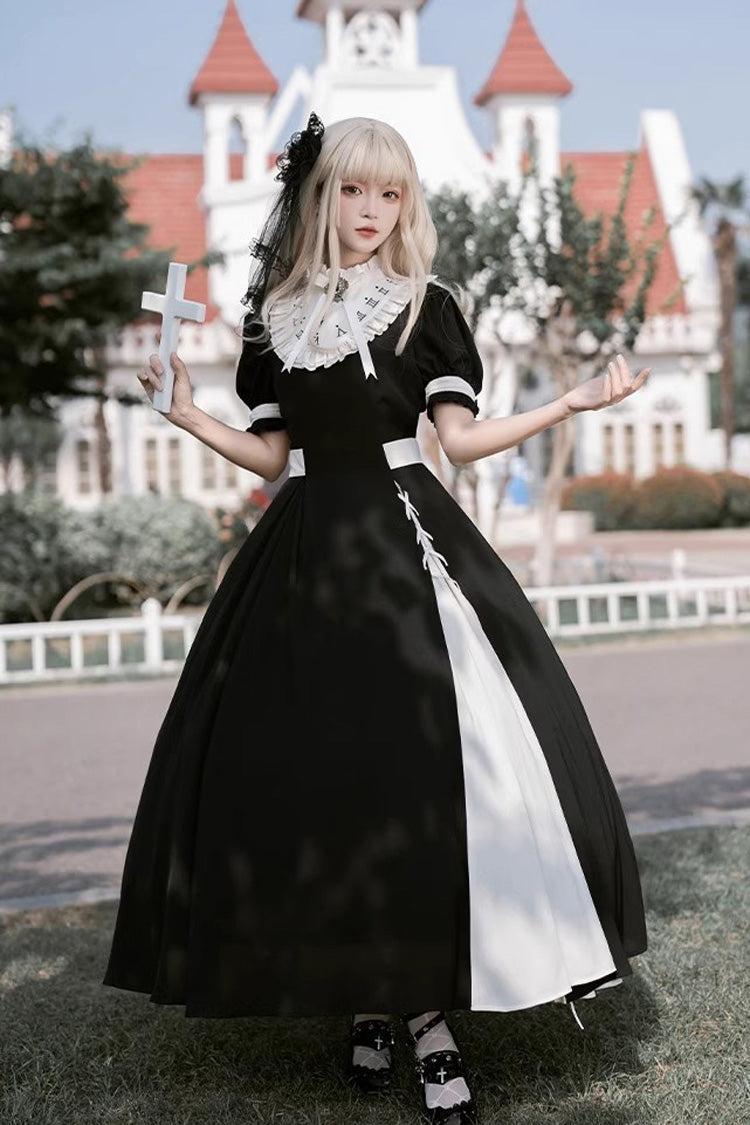 Monochrome Color-Blocked Gothic Dress with Detachable Embroidered Faux Collar