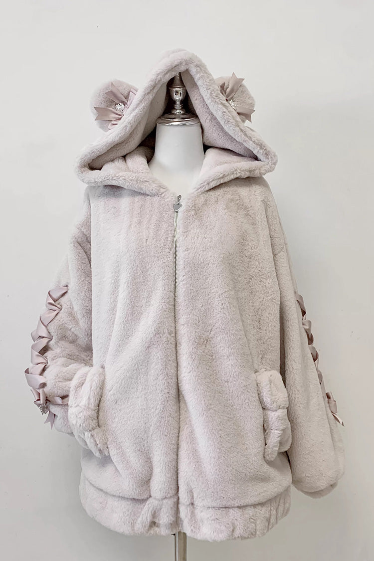 Bear Ears Long Sleeves Bow Lace-Up Hooded Zippered Sweet Jirai Kei Coat