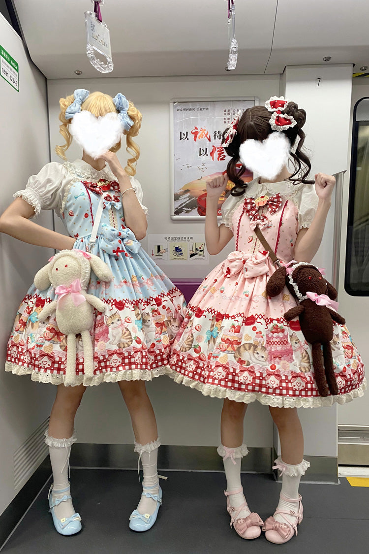 Strawberry Cake Kitty Sleeveless Printed Bow Lace Sweet Strap Dress