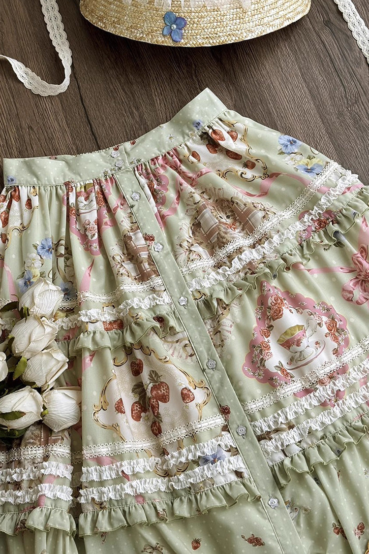 Green Cat Rose Tea Print Ruffle Sweet Lolita Skirt