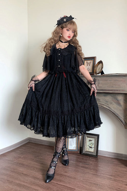 Vintage Rose Multi-Layer Embroidered Sweet Lolita JSK - Black Ruffled Elegance