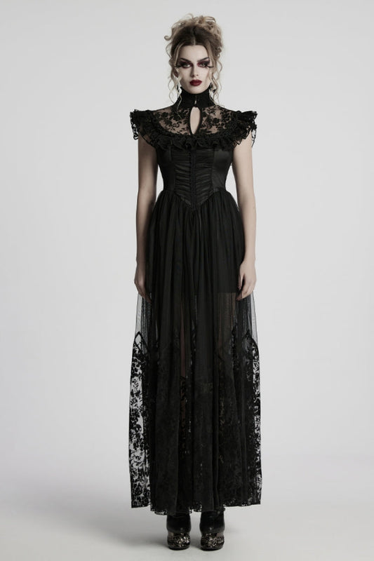 Black Stand Collar Cutout Embroidered Flocking Mesh Gothic Formal Gown