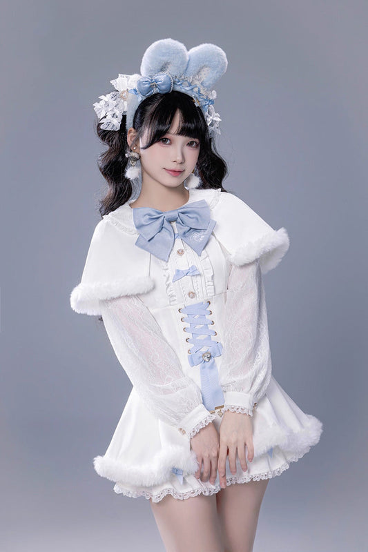 Ivory Ruffled Bow Lace-Up Japanese Dark Jirai Kei Plush Set