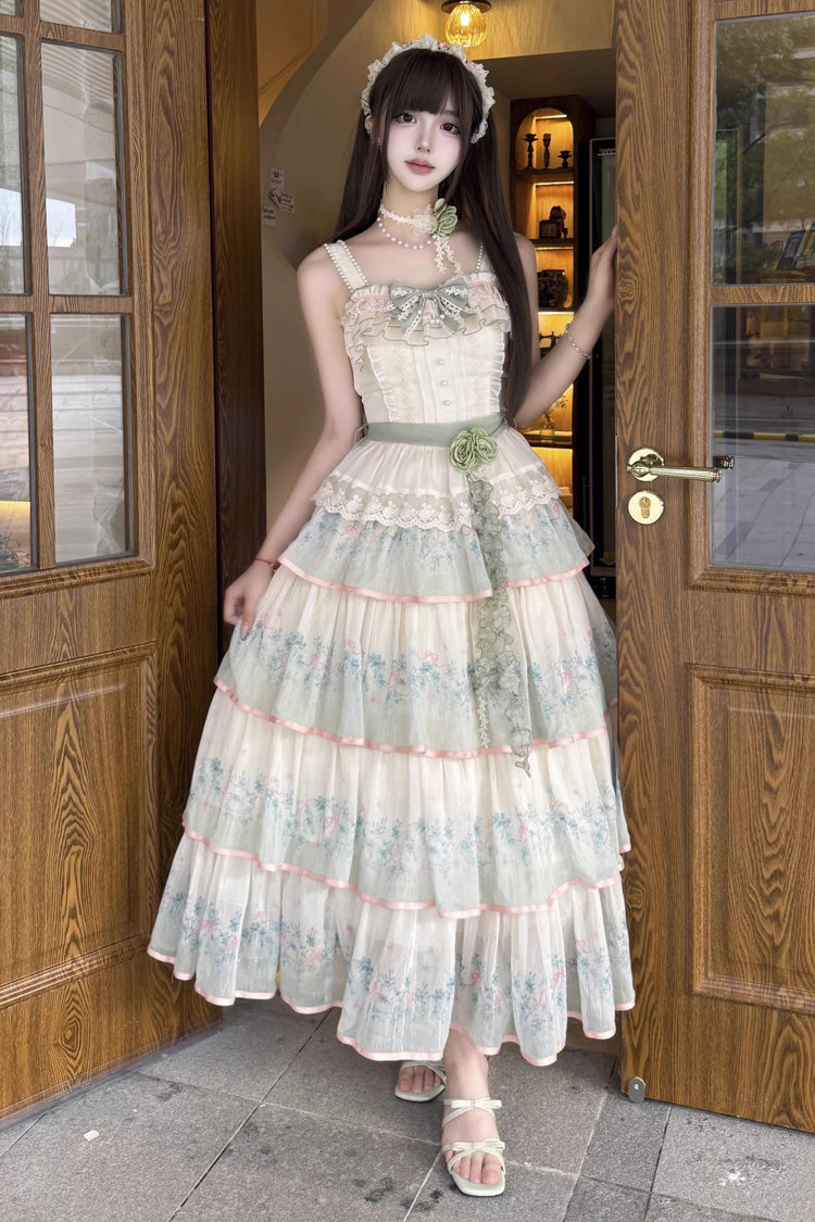 Green Gradient Ruffle Sweet Lolita Dress Set with Lace