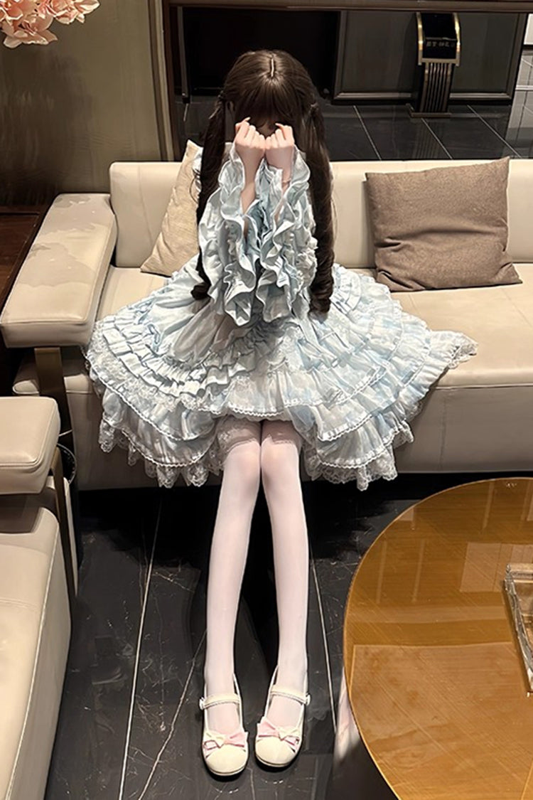 Soloist Doll Long Hime Sleeve Layered Print Ruffle Asymmetric Sweet Lolita Dress