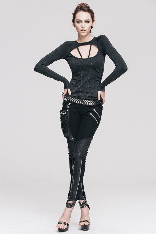 Women's Punk T-Shirt with Hollow Out Long Sleeves Straps Design