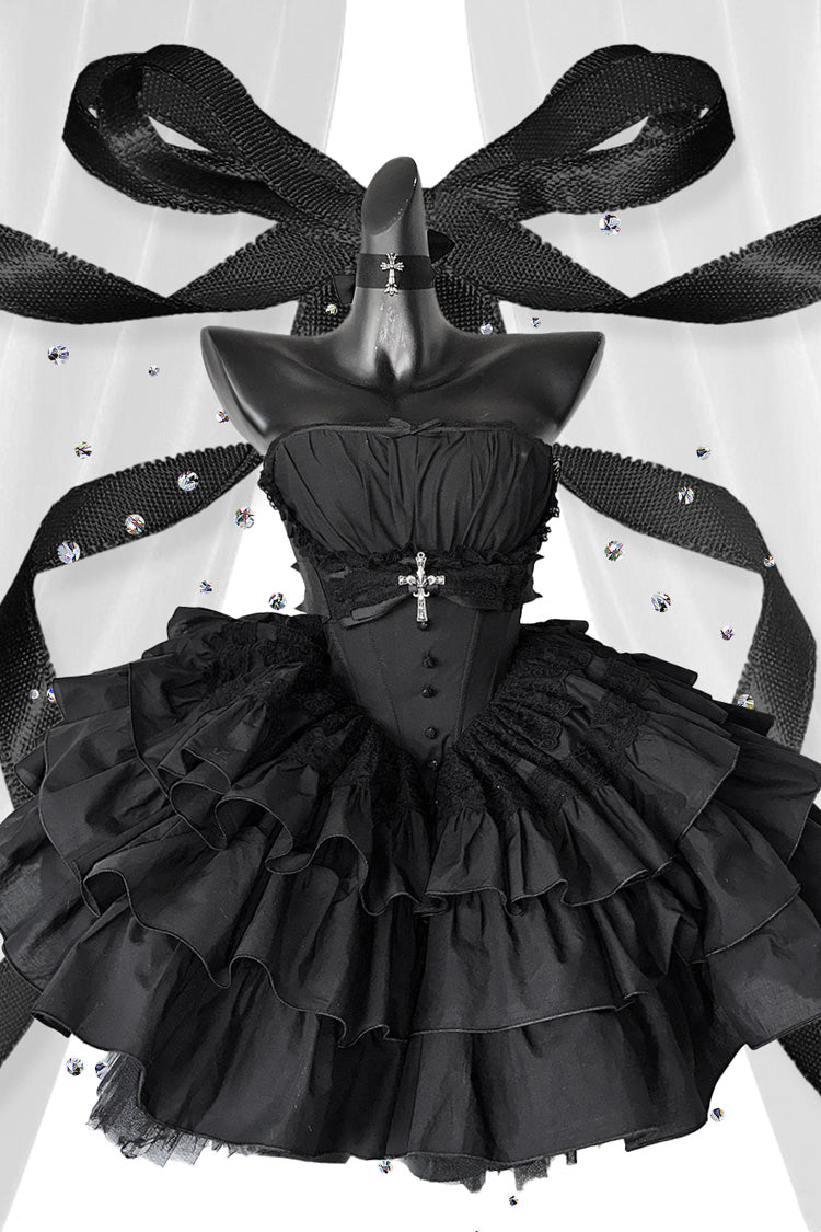Sleeveless Black Lace Bowknot Triple-Layered Gothic Princess Dress