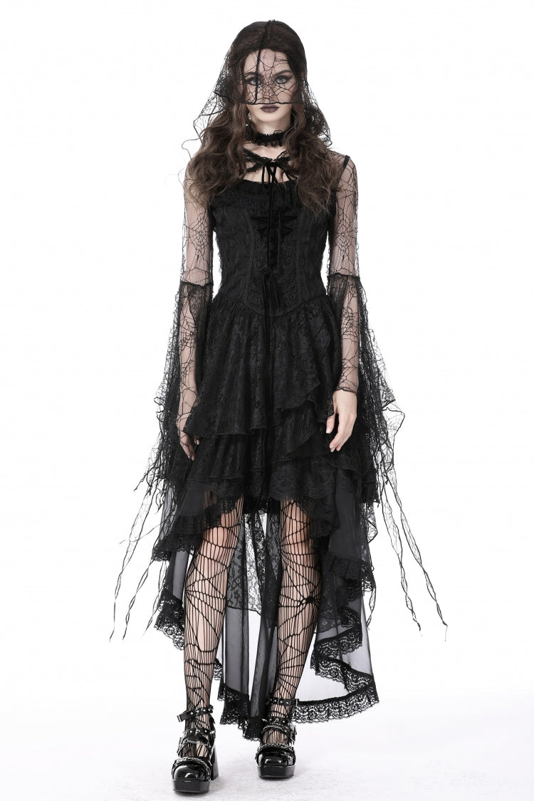 Midnight Spider Web Hooded Cape with Flared Lace-Up Sleeves - Gothic Sheer