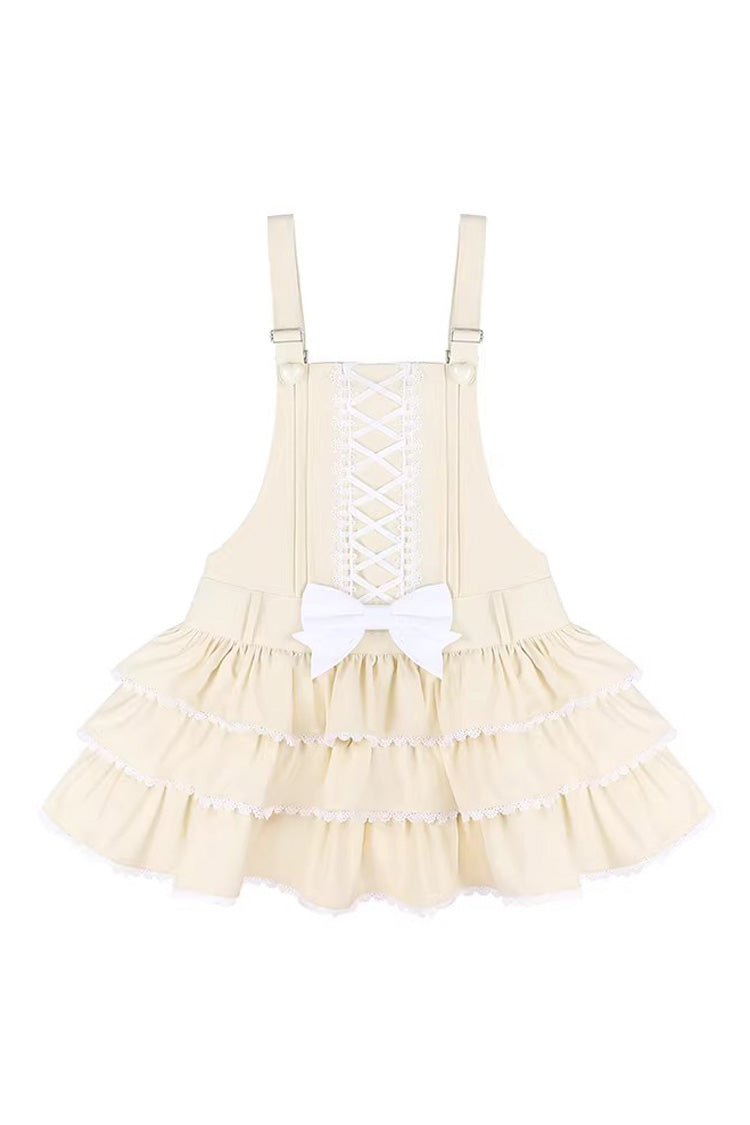 Yellow Nostalgic Showa Custard Cream Puff Sleeveless Triple-Layered Ruffled Bow Lace-Up Tiered Cake Sweet Jsk Dress
