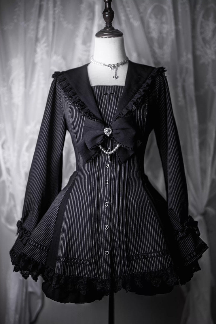 Square Collar Long Sleeves Bow Lace Pearl-Decorated Sweet Jirai Kei Dress and Short Set