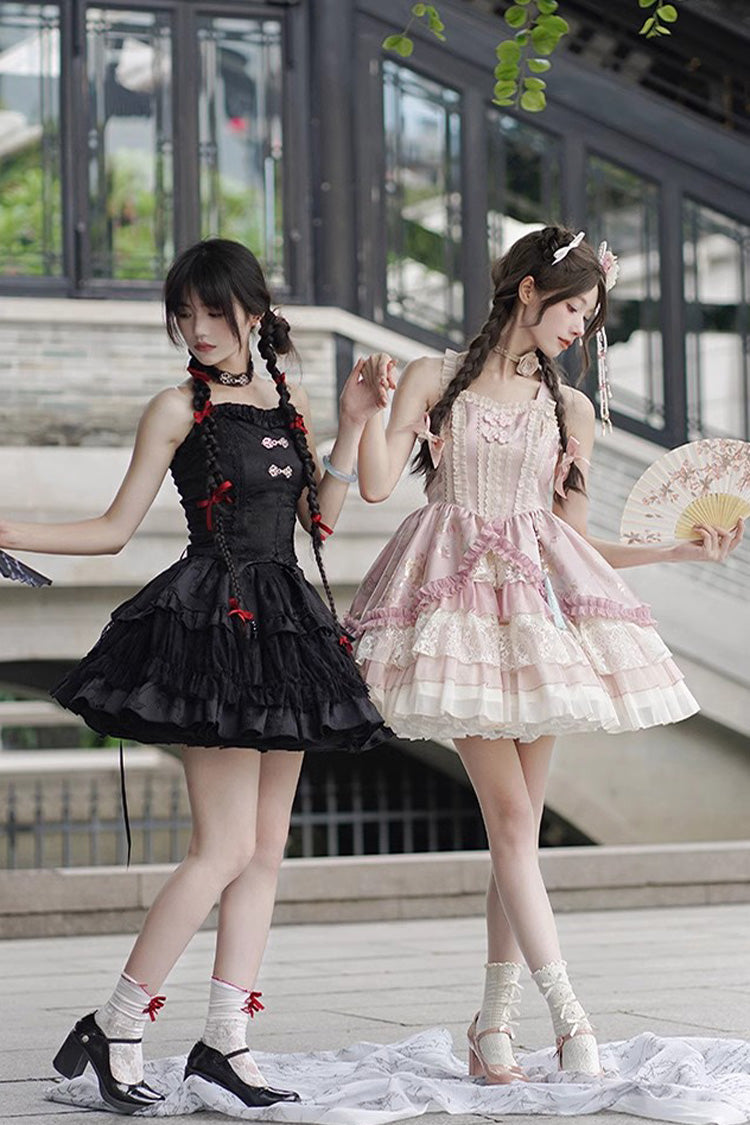 Gothic Chinese Lolita Skirt with Bamboo Leaves Print, Ruffles and Lace