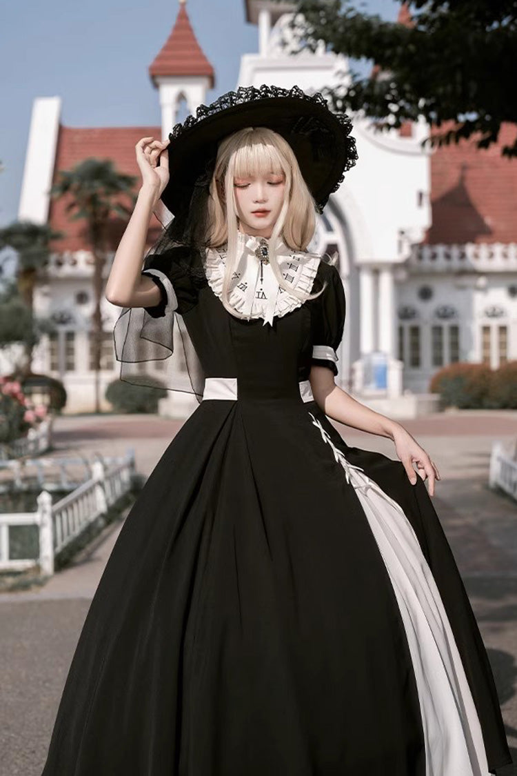 Monochrome Color-Blocked Gothic Dress with Detachable Embroidered Faux Collar