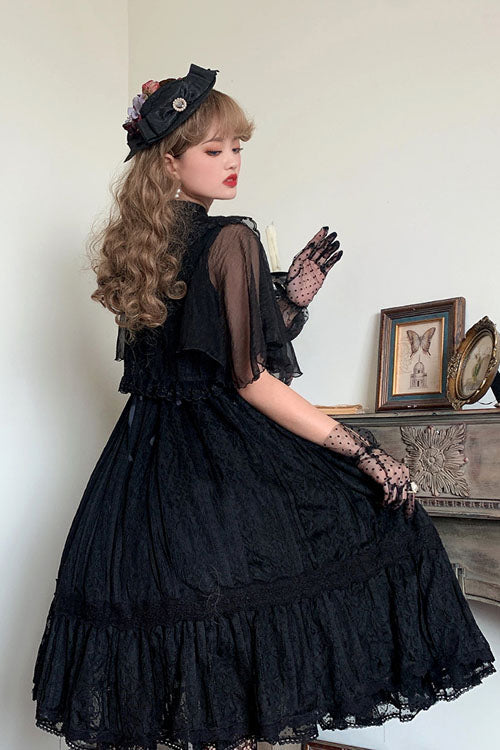 Vintage Rose Multi-Layer Embroidered Sweet Lolita JSK - Black Ruffled Elegance