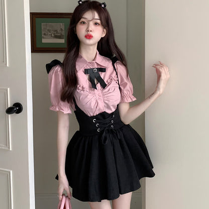 Pink Love Heart Hollow Out Bowknot T-Shirt Lace up Suspender Dress