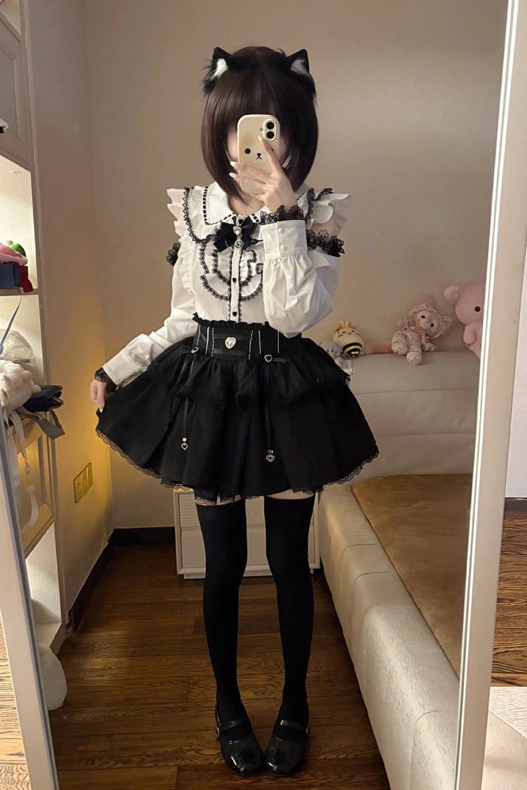 Doll Collar Long Sleeves Ruffled Bow Sweet Jirai Kei Skirt Set