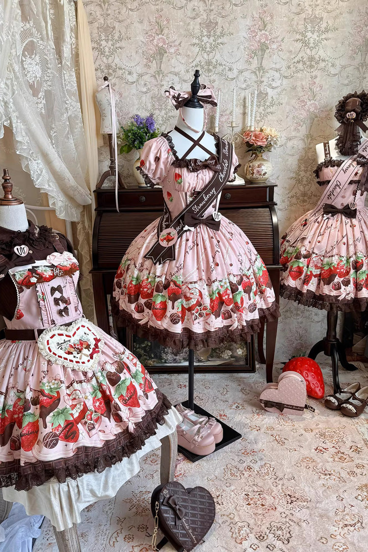 Chocolate Lover Square Collar Printed Bow Lace Sweet Lolita Dress