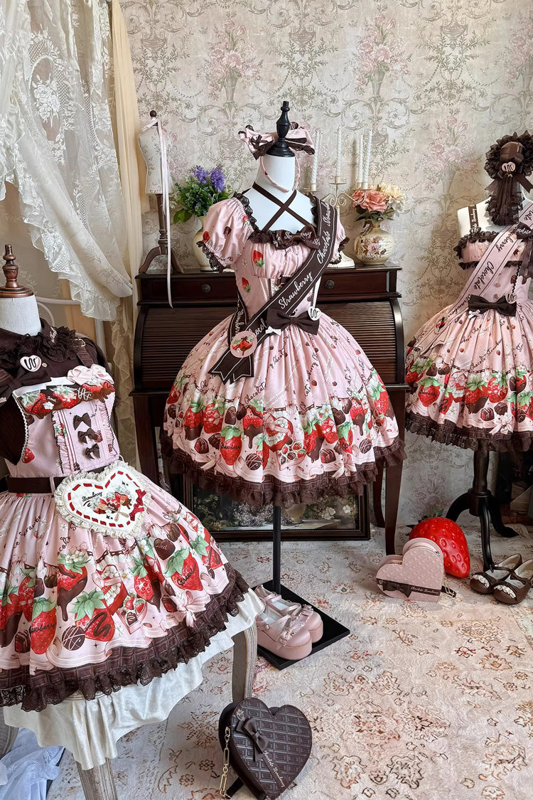 Sleeveless Printed Ruffled Embroidered Bow Lace Sweet Lolita Jsk Dress - Strawberry Chocolate Lover