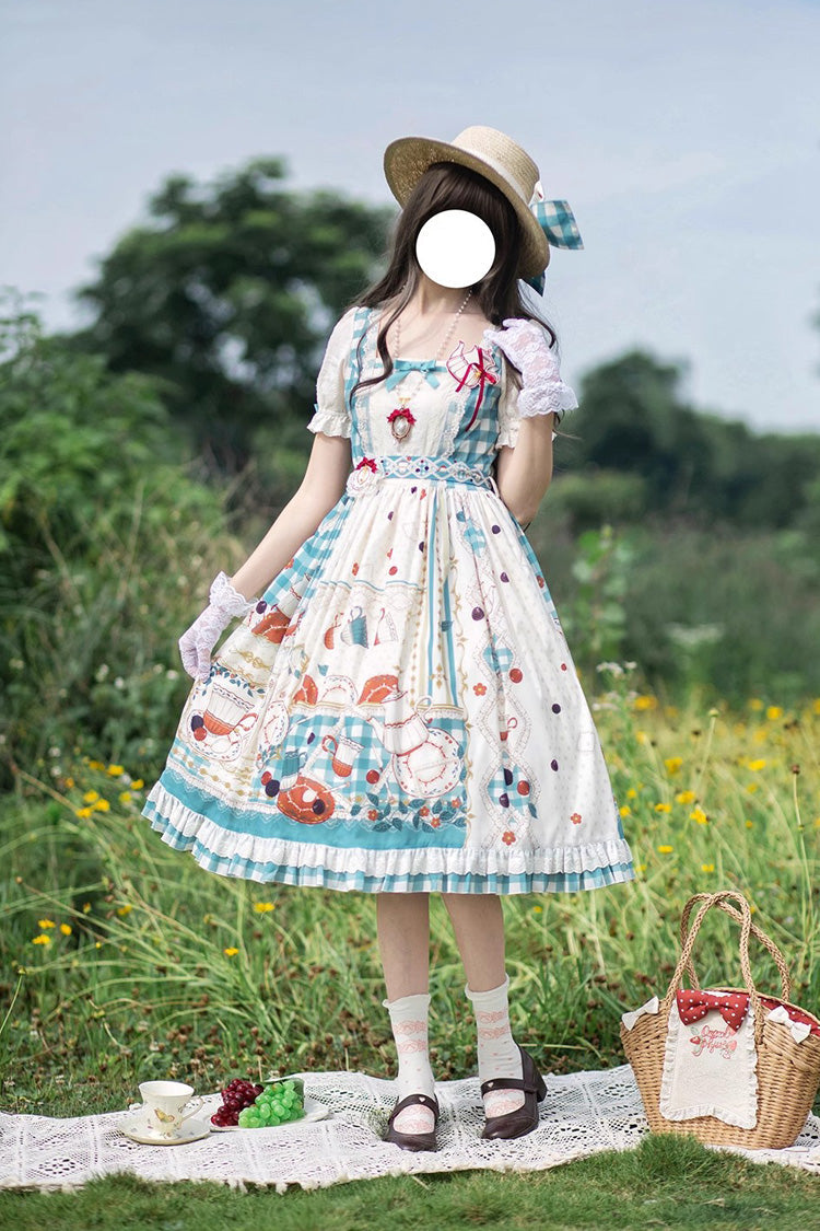 Tea Party Print Short-Sleeve Ruffle Bowknot Elegant Lolita Dress